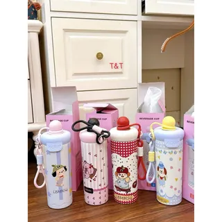 Bình Nước Xcup 600ml giữ nhiệt Dễ Thương, Thiết Kế Hoạt Hình Cute, Nắp Kín Chống Rò Rỉ, Có Quai Xách Tiện Lợi