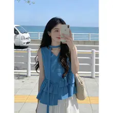 Áo kiểu nữ babydoll cộc tay, mặc hè đi chơi đi biển nhẹ nhàng phong cách Hàn Quốc [ ÁO XANH DÂY CỔ ]
