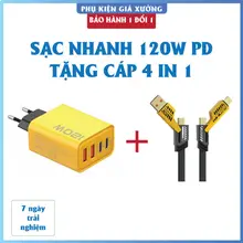 Củ sạc nhanh 4 cổng 120W: 2 cổng Type C + 2 cổng USB. Tặng cáp sạc nhanh 4 in 1 - Sạc Siêu Nhanh, Công Suất Lớn