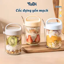 Cốc Đựng Yến Mạch Thuỷ Tinh Trong Suốt TADI Tặng Kèm Thìa, Hũ Đựng Yến Mạch, Bình Đựng Sữa Chua 430ml Có Nắp Đậy Kín