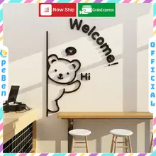 Tranh mica dán tường nổi 3D hình Chú gấu thân thiện welcome Dán Cửa decor - EPeBen