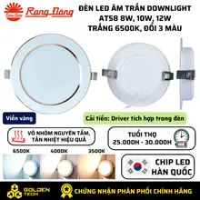 Đèn LED âm trần Downlight Rạng đông 8W, 10W, 12W Viền vàng Ánh sáng Trắng 6500K, Đổi 3 màu AT58