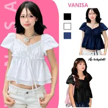 Áo kiểu babydoll dáng ngắn tay phồng chất voan mềm mịn phối dây rút màu trắng xanh đen VANISA CT431