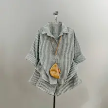 Set đồ bigsize sơ mi kẻ sọc form rộng kèm quần đùi linen đứng form mát nhẹ SET865
