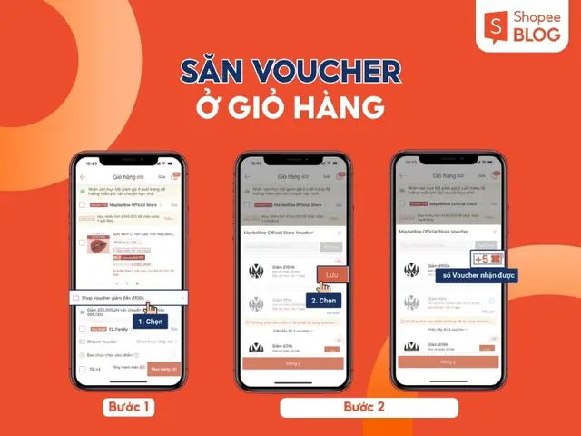 Lấy voucher trực tiếp trong Giỏ hàng trong app Shopee. Các vị trí săn voucher khác: mục Mã giảm giá, trang sản phẩm, trang shop, hoặc Shopee Live