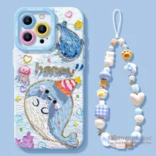 Tương thích Wth iPhone 17 16 15 14 13 12 11 Pro Max X Xr Xs Max 7 8 Plus SE2020 Vỏ Điện Thoại Hoạt Hình Happy Tranh Sơn Dầu Cá Heo Đại Dương + Dây Buộc Mặt Sau Mềm