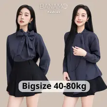 Áo thiết kế BIGSIZE Banamo Fashion áo sơ mi nữ cổ nơ dài tay kẻ sọc sang trọng thanh lịch 3015
