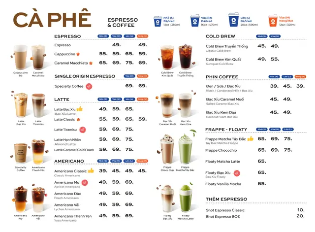 Menu cà phê và espresso The Coffee House kèm giá