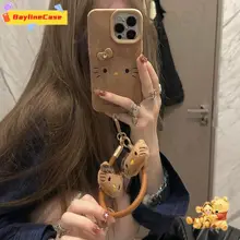 Ốp điện thoại mềm da cừu Ins 3D Bow + Dây Hello Kitty dễ thương Tương thích cho iPhone 16 15 14 13 12 11 Pro Max X Xr Xs Max 8 7 Plus SE2020 Vỏ bảo vệ chống sốc toàn diện