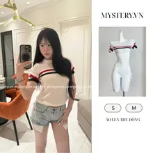 Áo Thun Nữ Form Ôm Tay Ngắn Cổ Tròn Lưới Phối Sọc Đỏ Đen Trắng Cá Tính, Thun Co Giãn Thời Trang Hàn Quốc-P06