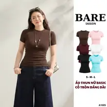 BARE_Áo Thun Nữ Basic Form Ôm Co Giãn 4 Chiều Mềm Mịn, Áo Cổ Tròn Tay Ngắn Body Tôn Dáng_A1005