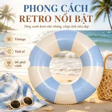 ‌Phao Bơi Vintage Tròn Sọc Xanh Kem— Phụ Kiện Check-in Độc Đáo - Nhẹ, Đẹp, Dễ Mang Theo Cho Mùa Hè