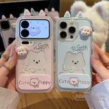 3D DIY Dễ Thương Happy Cặp Đôi Gấu Ốp Lưng Điện Thoại + Gương Đứng Cho iPhone 17 16 15 14 13 12 11 Pro Max 16 15 14 Plus