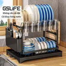 GSlife Kệ Chén Bát Đĩa 2 Tầng Gấp Gọn Thép Carbon Cho Nhà Bếp 43cm, Có Khay Hứng Nước, Màu Đen/Trắng