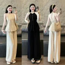 Set bộ dài - Sét bộ thiết kế nữ, sét áo cổ yếm đính nút xếp ly mix quần ống suông chất đũi vân mây chạy mocking
