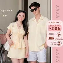 Set Đồ Đôi Mùa Hè – Áo Sơ Mi Nam & Set Nữ Áo Peplum + Chân Váy Ngắn, Outfit Couple Thanh Lịch