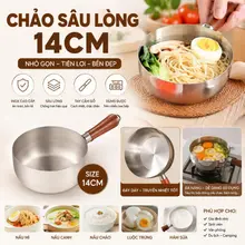 Nồi inox tay cầm cán gỗ 14cm chống nóng dùng nấu mì, luộc trứng, hâm đồ tiện lợi đun được bếp ga bếp từ
