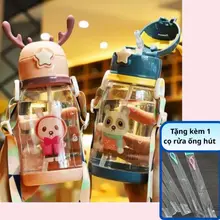 BÌNH NƯỚC SỪNG HƯƠU Cho Bé 600ml Dễ Thương Có Dây Đeo, Bình nước nhựa có ống hút (TẶNG KÈM CỌ RỬA ỐNG HÚT)