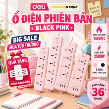 [BÁN CHẠY] Ổ Cắm Điện Đen Hồng DELI Công Suất 2500W, Ổ Điện Đa Năng Để Bàn Kết Hợp Cổng USB/ TypeC Sạc Nhanh 20W