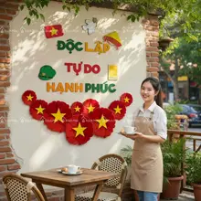 Combo 18 BÔNG Hoa Vải Đỏ Sao Vàng Kèm Set Độc Lập-Tự Do-Hạnh Phúc, Trang Trí Tường, Quán Cafe, Lớp Học Mừng Độc Lập 30/4