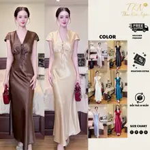 Đầm Dự Tiệc Lụa May 2 Lớp Cổ V tay Con Cột Nơ Ngực VELIA DRESS Dài 130cm