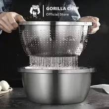 Bộ thau rổ inox sâu lòng 24-28cm Gorilla Chef dùng rửa rau củ quả, vo gạo vô cùng tiện lợi
