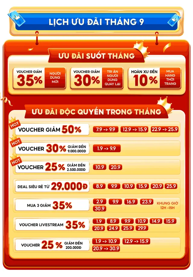 Lịch ưu đãi Shopee tháng 9/2026: voucher giảm đến 50%, deal siêu rẻ từ 29.000đ, mua 3 giảm 35%, voucher livestream 35%