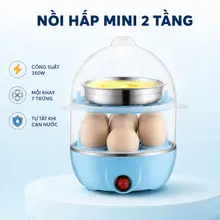 Máy Luộc Trứng, Nồi Hấp Mini 2 Tầng 350W, Mỗi Khay 7 Trứng, Tự Ngắt