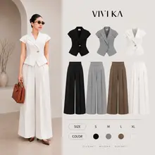 Set đồ nữ thiết kế Nerina VIVIKA áo kiểu cổ vest phối nơ, quần dài ống rộng xếp ly công sở đi làm, sự kiện, gặp đối tác