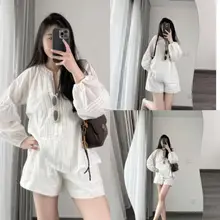 Set Áo Đũi Linen Xếp Li Tay Bồng”RIBI” Mix Quần Sooc Đũi Cạp Chun co giãn-Dành Cho Nữ