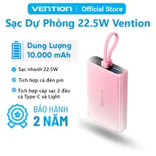 Pin Sạc Dự Phòng 10000mAh 22.5W Vention Tích hợp đèn pin, Hỗ trợ 3 cổng sạc USB-C, USB-A, Light