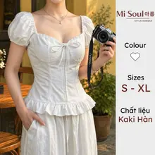 Áo tay phồng cổ vuông phối nơ ngực, áo kiểu nữ bo viền nhẹ có dây rút nơ tiểu thư mùa hè Misoul 551