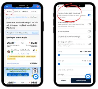 Bộ lọc xe có ưu đãi trên app Vexere