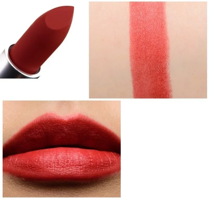 Son MAC Powder Kiss màu Devoted To Chili đỏ gạch ấm