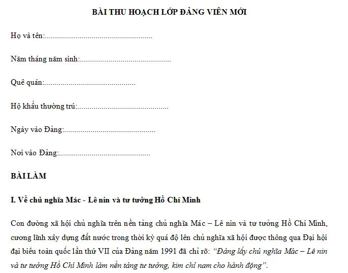 [Mẫu] Bài thu hoạch lớp đảng viên mới Đầy Đủ nhất