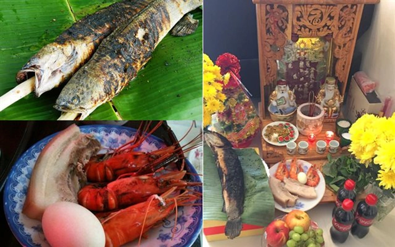 Chuẩn bị mâm cúng Thần Tài: bộ tam sên và cá lóc nướng
