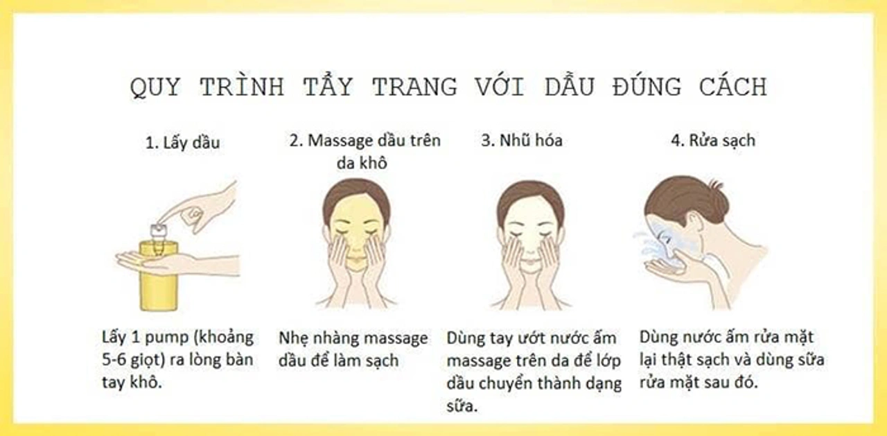 Các bước dùng dầu tẩy trang Hada Labo đúng cách tay mặt khô bơm 2-3 lần massage theo vòng tròn nhũ hóa với nước rửa sạch sữa rửa mặt double cleansing