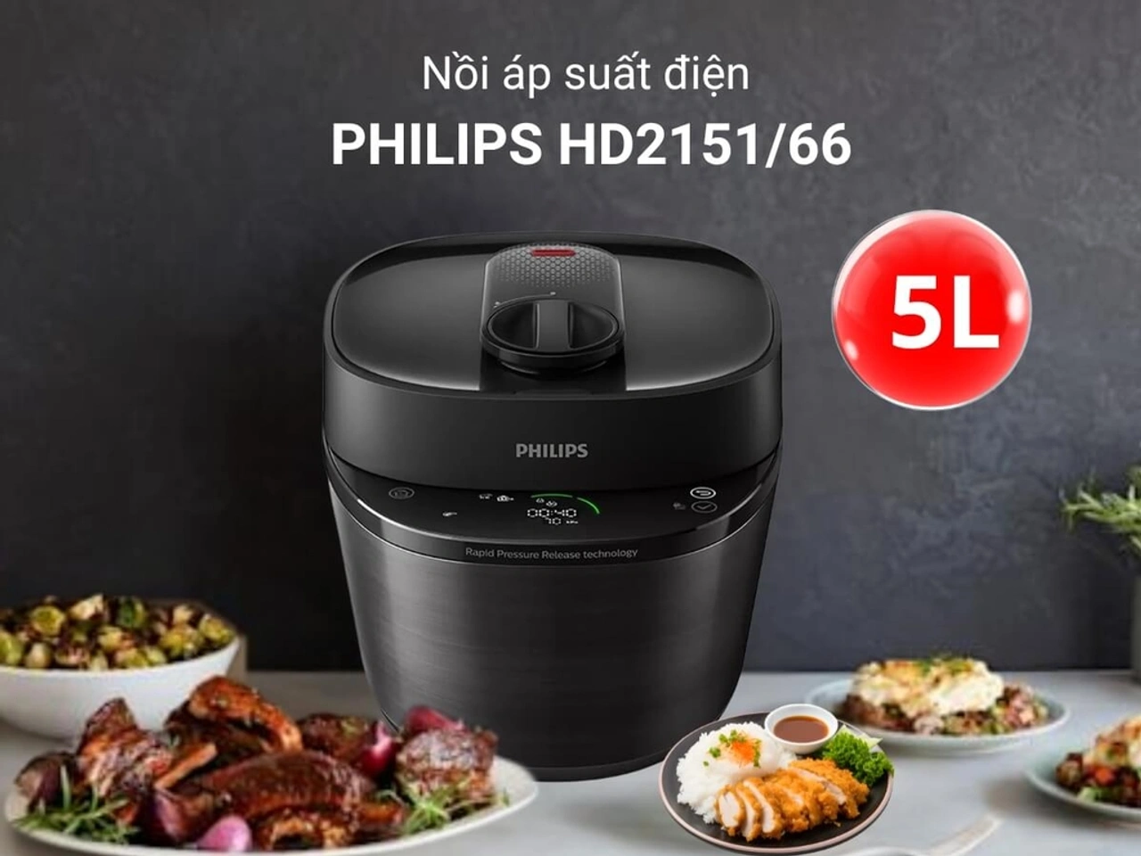 Philips HD2151 66 5L 13 chương trình Smart Preset lòng inox nguyên khối an toàn sức khỏe