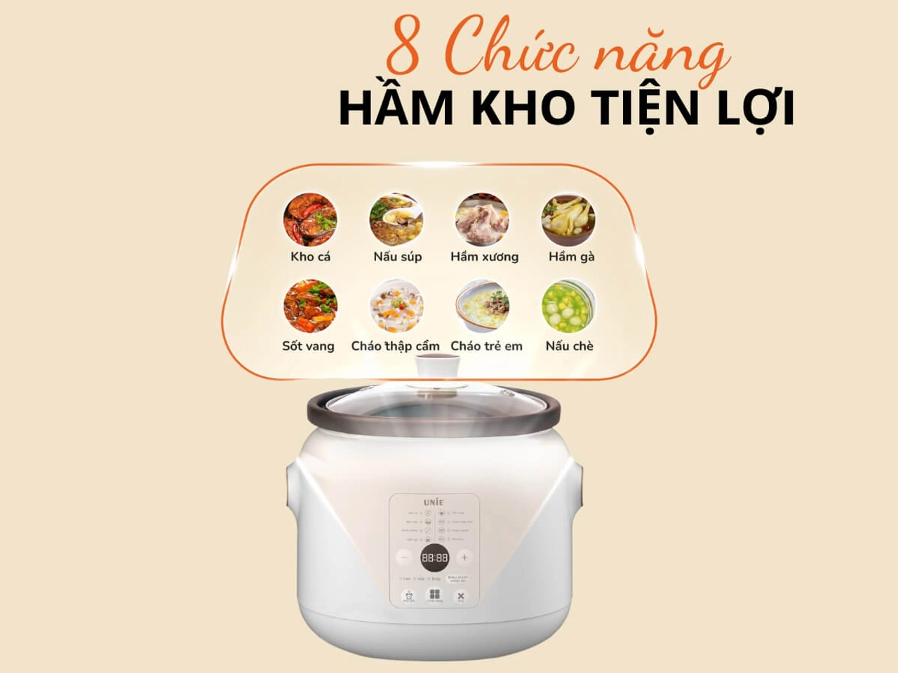 Nồi kho hầm chuyên dụng UNIE USC208 lòng gốm ceramic 8 chức năng