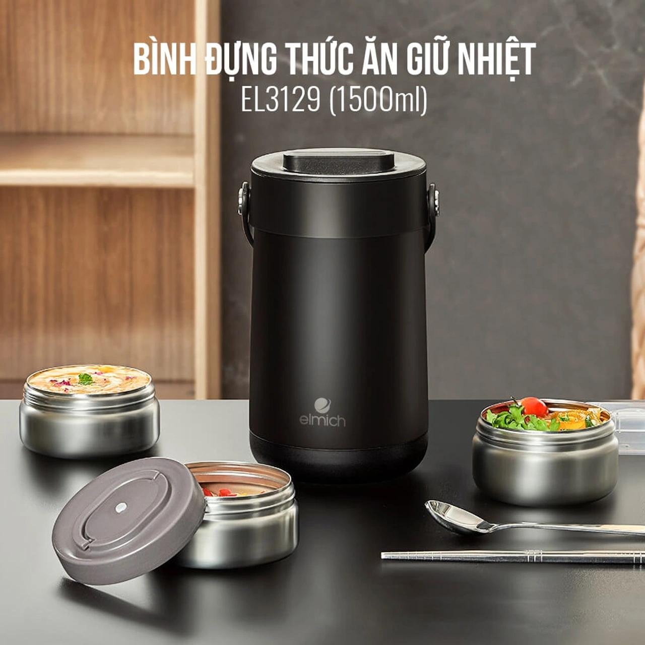 Elmich EL3129 hộp cơm giữ nhiệt 3 ngăn inox 304 thiết kế Nhật phong cách