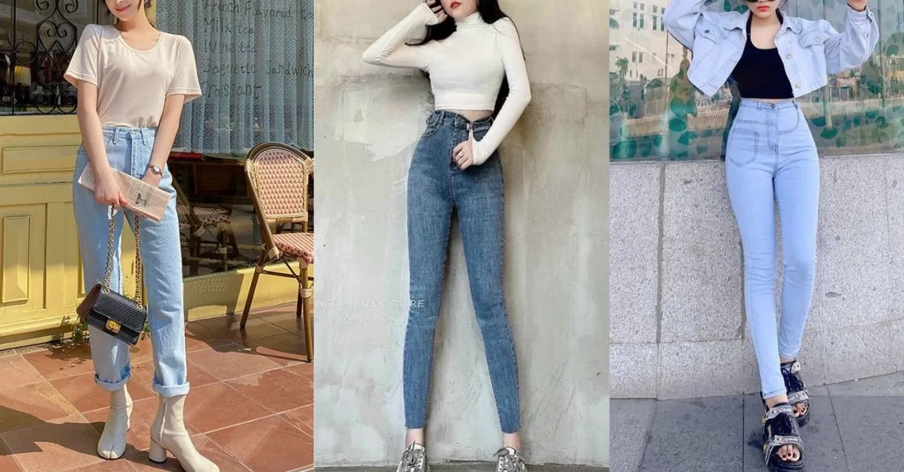 Quần jean nữ cạp cao phối áo thun mùa hè