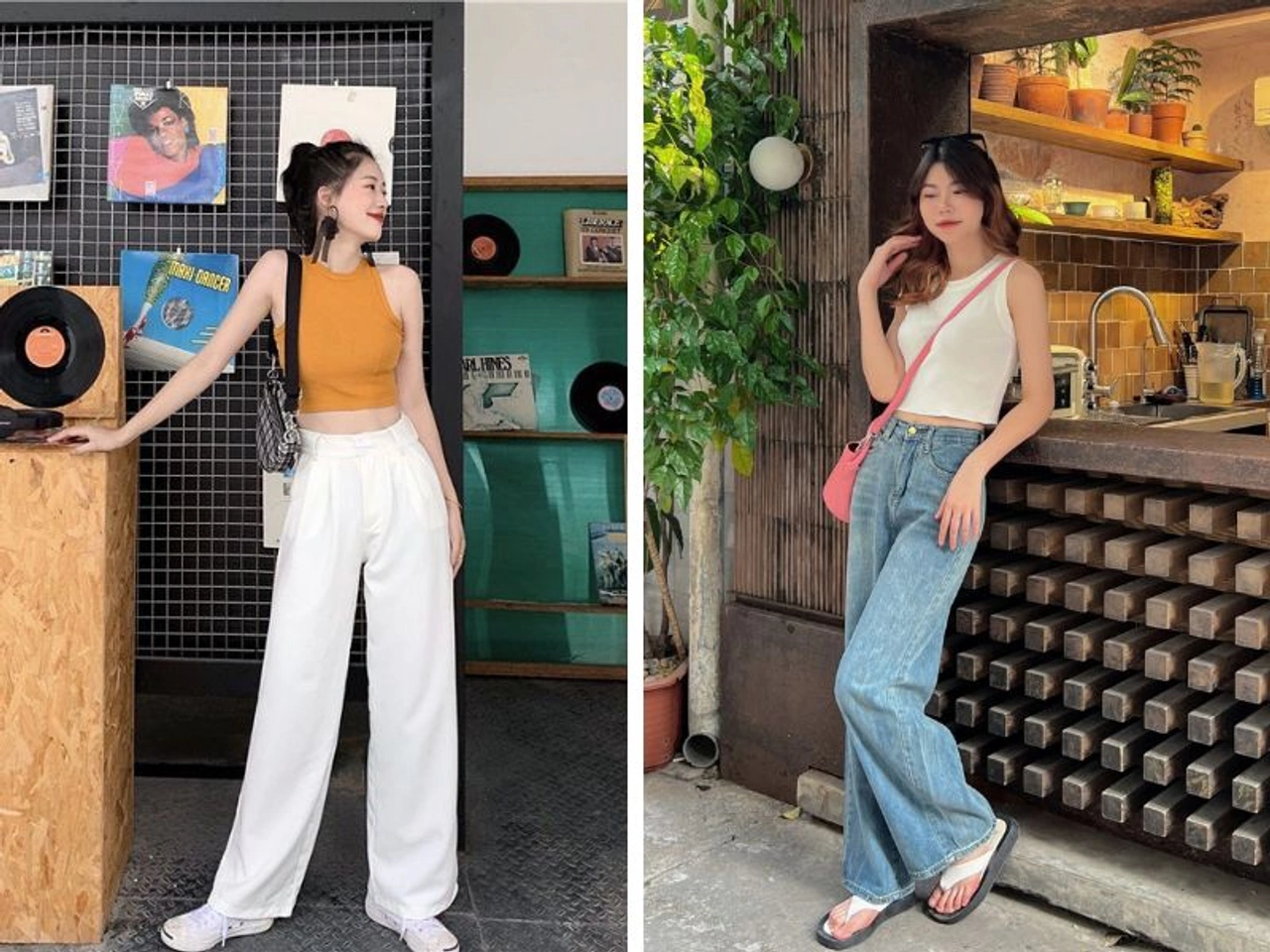 Áo croptop phối quần ống suông mùa hè