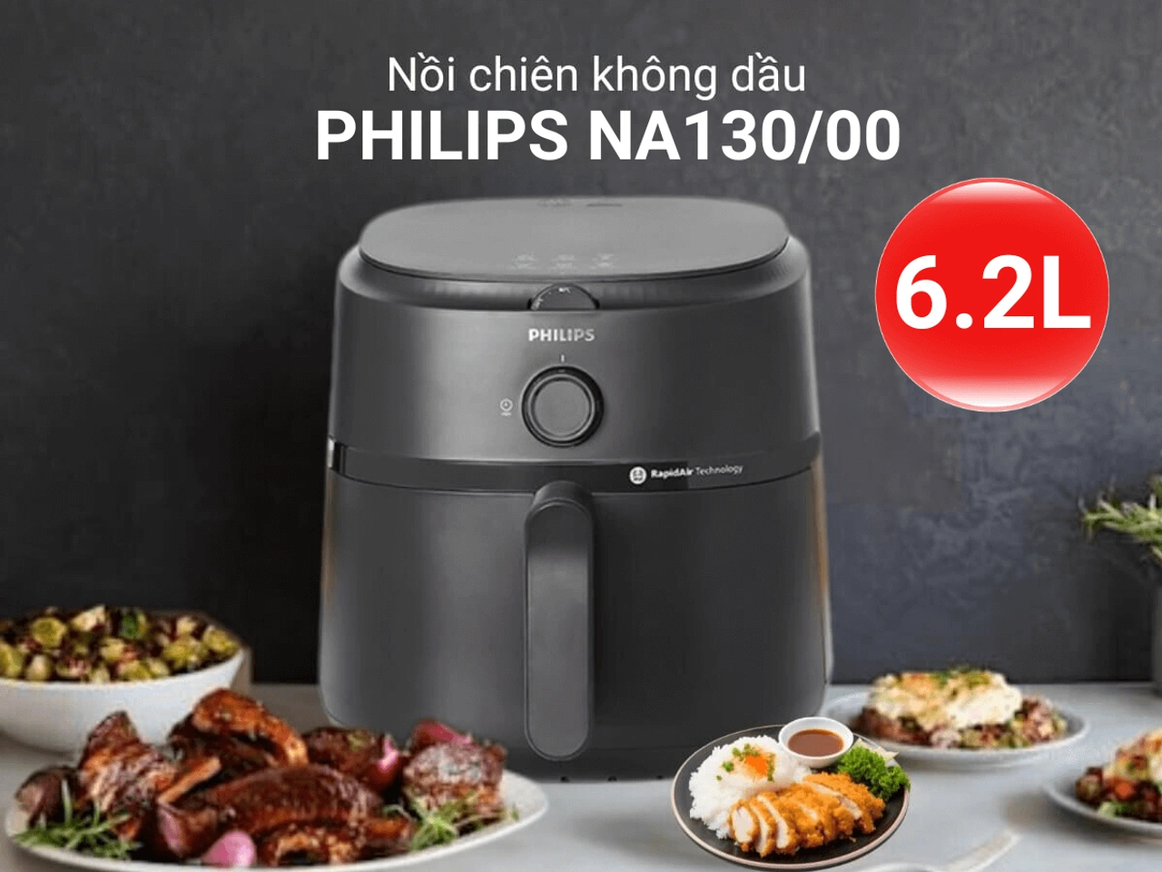 Nồi chiên không dầu Philips NA130 6.2 lít công nghệ Rapid Air mâm nhiệt hình sao