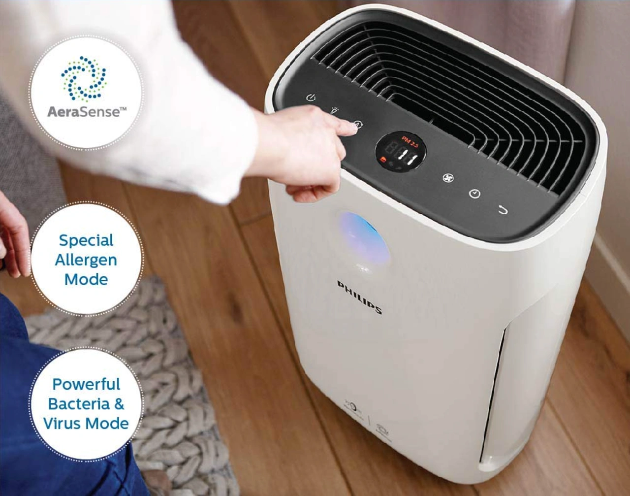 3 chế độ lọc chuyên biệt của Philips AC2887: General, Allergen, Bacteria Virus