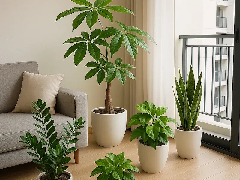 Cây xanh trong nhà phòng khách chung cư tạo cảm giác mát mẻ