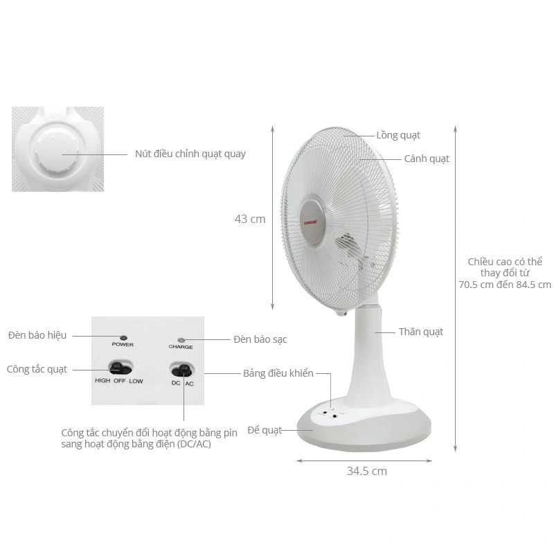 Quạt tích điện Sunhouse SH762 dùng pin sạc 6V 7Ah