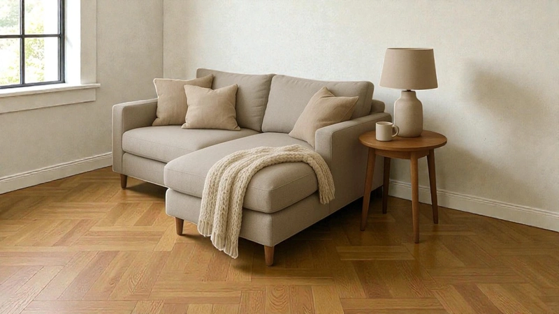 Sofa góc gỗ nhỏ gọn tiết kiệm diện tích cho phòng khách chung cư