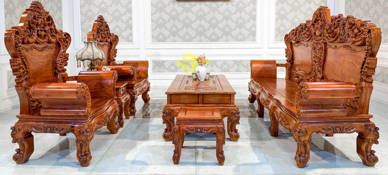 Bộ bàn ghế phòng khách gỗ xoan đào chạm khắc phong cách tân cổ điển