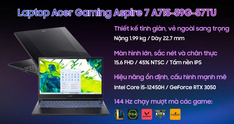 Laptop Acer Aspire 7 A715-59G-57TU với màn hình 15.6 inch và cấu hình Core i5, RTX 3050