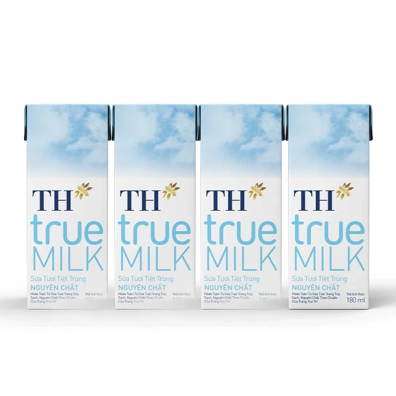 Lốc 4 hộp sữa tươi tiệt trùng TH True Milk nguyên chất 180ml